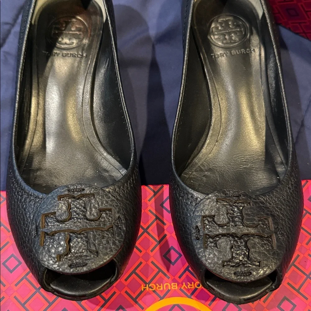 Tory Burch Black Peep Toe wedges, tumbled  leather, good condition, Sally 2